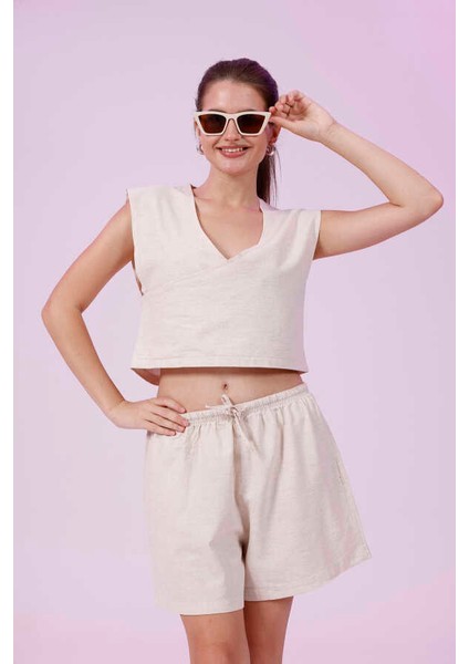 Kadın Krem Natural Flamlı Şort Pantolon Bluz 3lü Takım MSC267 fiyatları