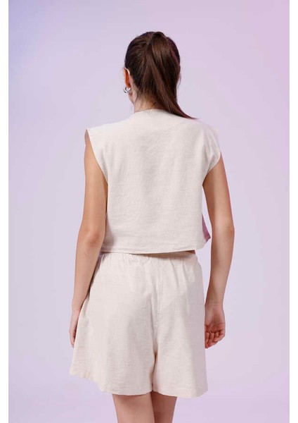 Kadın Krem Natural Flamlı Şort Pantolon Bluz 3lü Takım MSC267 modelleri
