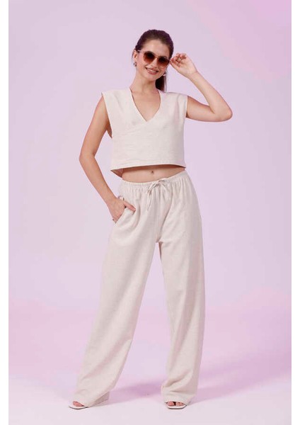 Kadın Krem Natural Flamlı Şort Pantolon Bluz 3lü Takım MSC267 fırsatları
