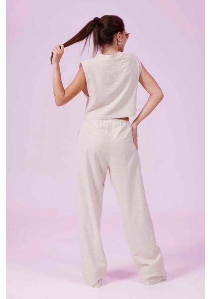 Kadın Krem Natural Flamlı Şort Pantolon Bluz 3lü Takım MSC267 indirimleri