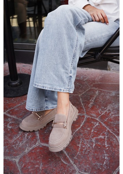 Kadın Loafer Kalın Taban Zincirli Günlük Ayakkabı Zolez Vizon