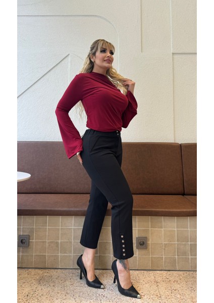 Kadın Büyük Beden Paça Çıtçıt Detay Fermuarlı Bilek Boy Likralı Çelik Pantolon