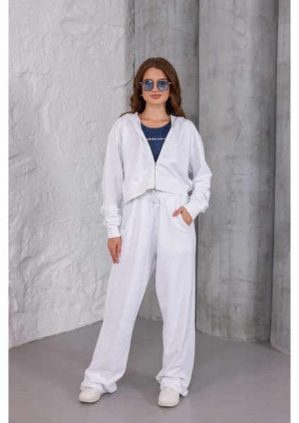 Kadın Beyaz Oversize Fermuarlı Kapüşonlu Eşofman Takımı Msc 503