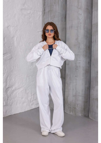 Kadın Beyaz Oversize Fermuarlı Kapüşonlu Eşofman Takımı Msc 503 modelleri