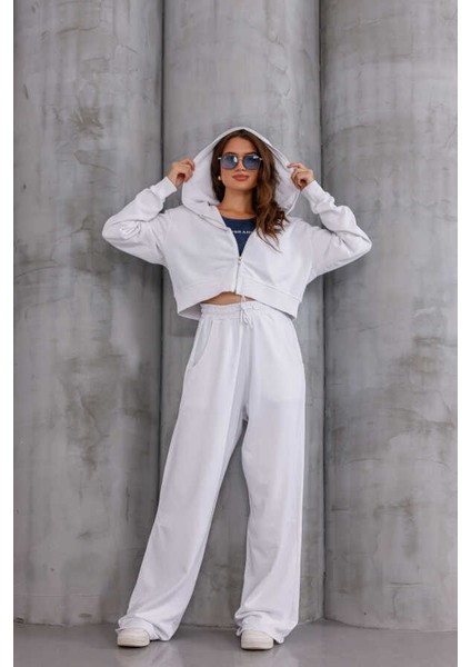 Kadın Beyaz Oversize Fermuarlı Kapüşonlu Eşofman Takımı Msc 503 fırsatları