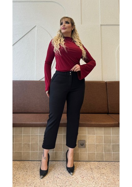 Kadın Büyük Beden Paça Çıtçıt Detay Fermuarlı Bilek Boy Likralı Çelik Pantolon indirimleri