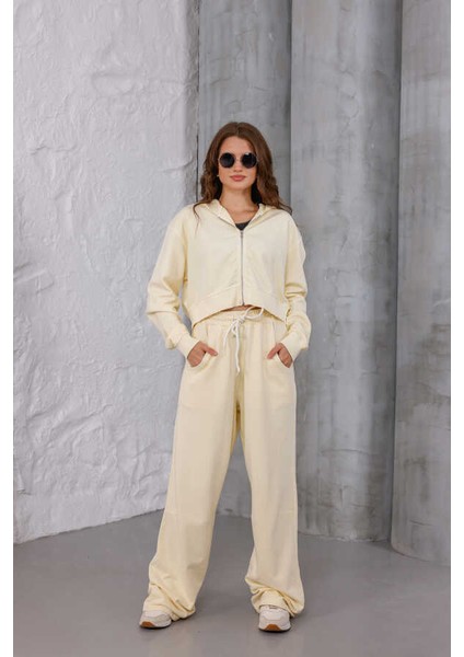 Kadın Sarı Oversize Fermuarlı Kapüşonlu Eşofman Takımı Msc 503