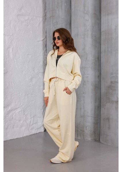 Kadın Sarı Oversize Fermuarlı Kapüşonlu Eşofman Takımı Msc 503 modelleri