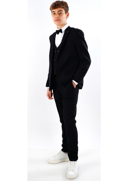 Erkek Çocuk Ceket Gömlek Pantolon Papyon Yelekli Takım Elbise 5735-5-16 Yaş Siyah