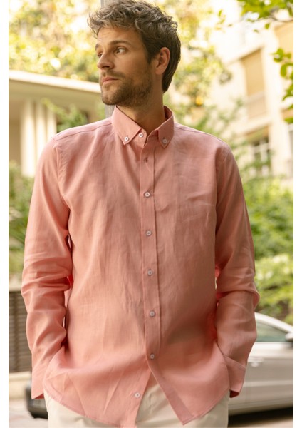 Erkek %100 Keten Toz Pembe Blush Düğmeli Yaka Modern Fit Cepsiz Gömlek