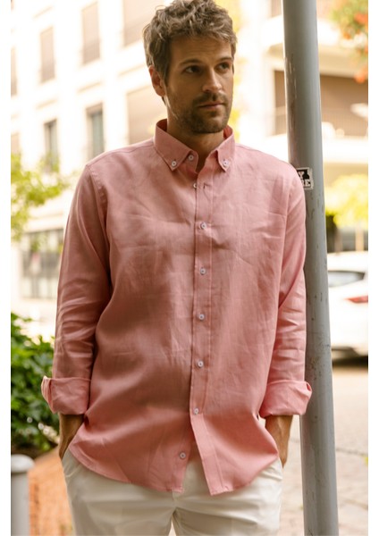 Erkek %100 Keten Toz Pembe Blush Düğmeli Yaka Modern Fit Cepsiz Gömlek fiyatları