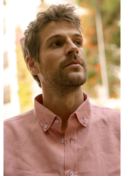 Erkek %100 Keten Toz Pembe Blush Düğmeli Yaka Modern Fit Cepsiz Gömlek modelleri