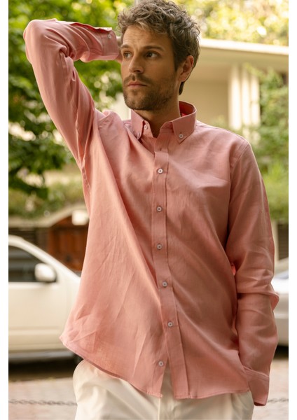 Erkek %100 Keten Toz Pembe Blush Düğmeli Yaka Modern Fit Cepsiz Gömlek fırsatları