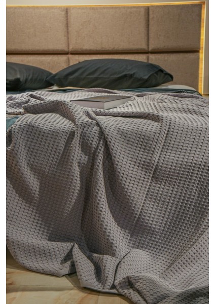 Premium %100 Pamuk Çift Kişilik Yazlık Pike, Yatak Örtüsü, Terletmez Kumaş(Gri Renk) (240X200CM)