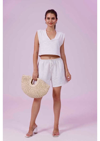 Kadın Beyaz Natural Flamlı Şort Pantolon Bluz 3lü Takım MSC267 fiyatları