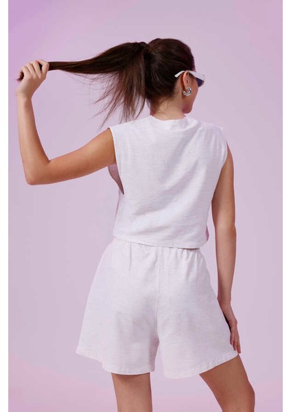 Kadın Beyaz Natural Flamlı Şort Pantolon Bluz 3lü Takım MSC267 modelleri