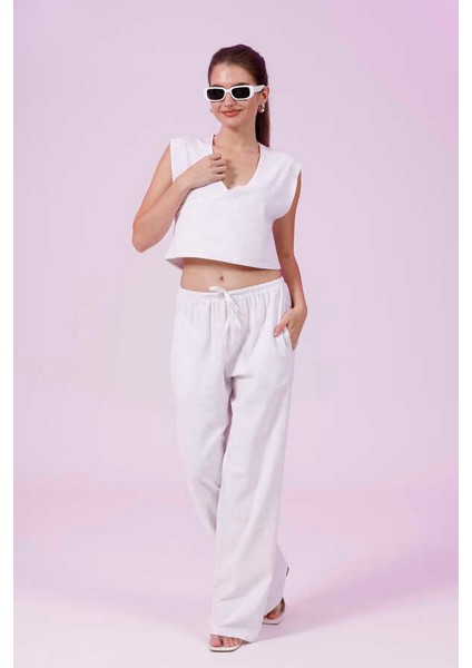 Kadın Beyaz Natural Flamlı Şort Pantolon Bluz 3lü Takım MSC267 indirimleri