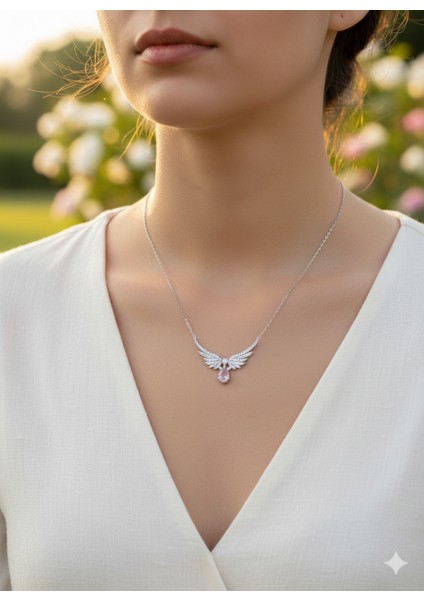 925 Ayar Gümüş Melek Kanatlı Su Damlası Pembe Taşlı Kolye fırsatları