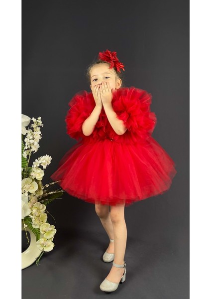 Şifon Robalı Ponpon Kol Pul Payetli Kız Çocuk Kabarık Etek Tütülü Abiye modelleri