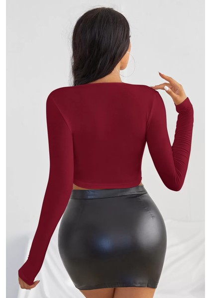 Kadın Bordo Uzun Kol Crop Top Bluz Kare Yaka modelleri