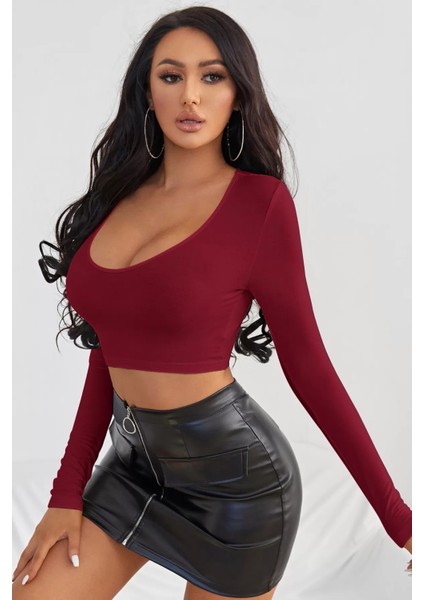 Kadın Bordo Uzun Kol Crop Top Bluz Kare Yaka fırsatları