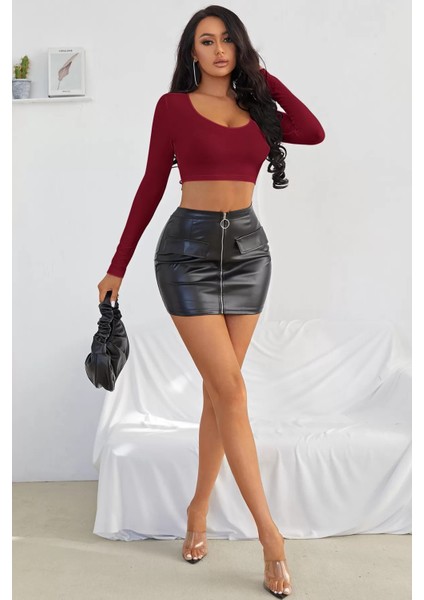 Kadın Bordo Uzun Kol Crop Top Bluz Kare Yaka indirimleri