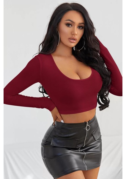 Kadın Bordo Uzun Kol Crop Top Bluz Kare Yaka