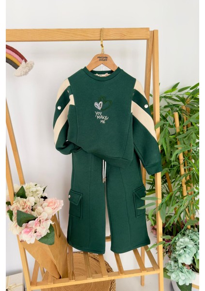 Love You Make Şeritli Kız Çocuk 2 Li kışlık takım - Yeşil