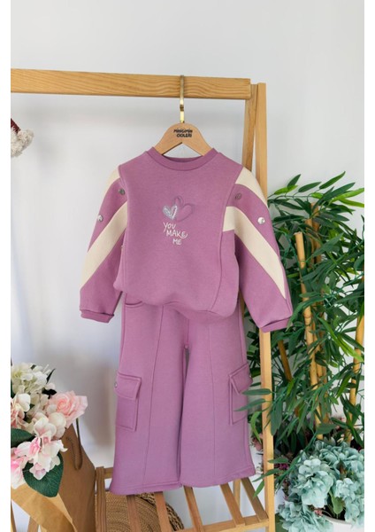Love You Make Şeritli Kız Çocuk 2 Li kışlık takım - Gül Kurusu