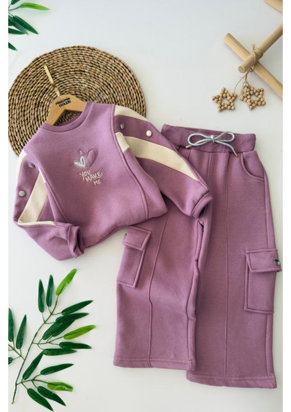 Love You Make Şeritli Kız Çocuk 2 Li kışlık takım - Gül Kurusu fiyatları