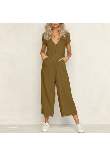 Keten Günlük Yazlık V Yaka Kısa Paça Tulum