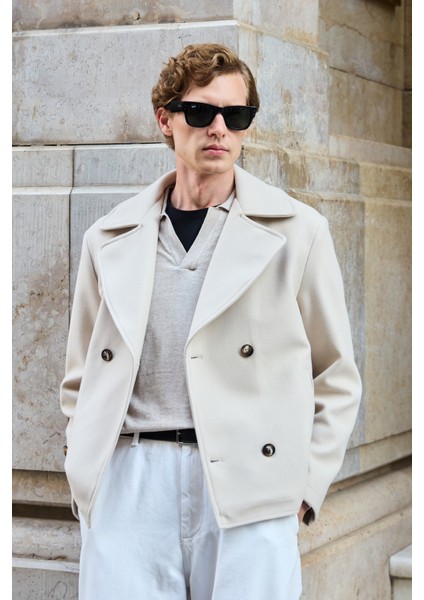 Erkek Kruvaze Kaşe Mont Ceket Ekru