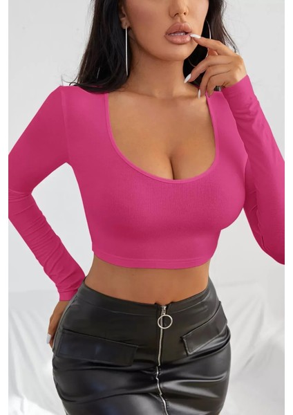 Kadın Fuşya Uzun Kol Crop Top Bluz Kare Yaka