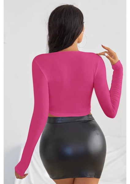 Kadın Fuşya Uzun Kol Crop Top Bluz Kare Yaka modelleri