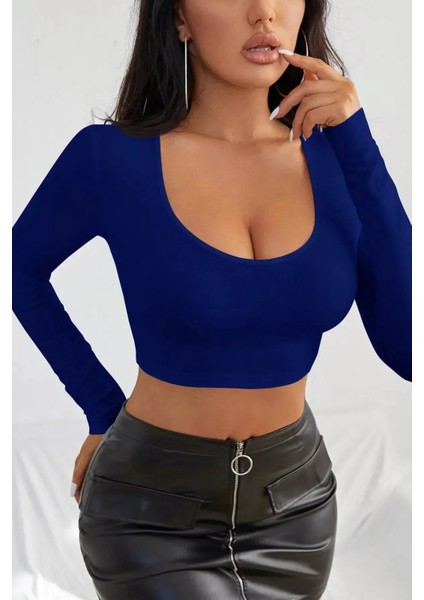 Kadın Mavi Uzun Kol Crop Top Bluz Kare Yaka