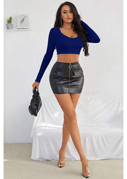 Kadın Mavi Uzun Kol Crop Top Bluz Kare Yaka fırsatları