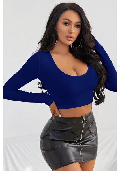 Kadın Mavi Uzun Kol Crop Top Bluz Kare Yaka indirimleri