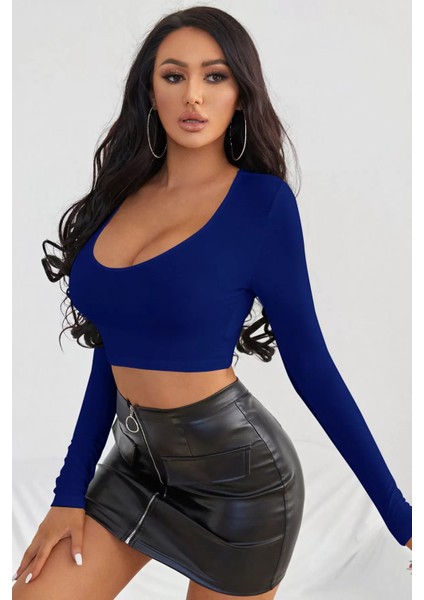Kadın Mavi Uzun Kol Crop Top Bluz Kare Yaka