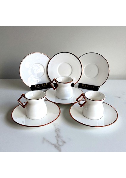 Lüks Geometrik Kulplu Kahve Fincan Seti - Rose Gold Detaylı 6'lı