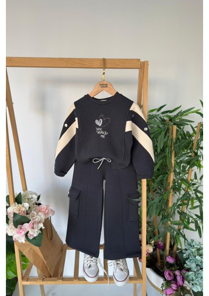 Love You Make Şeritli Kız Çocuk 2 Li kışlık takım - Antrasit