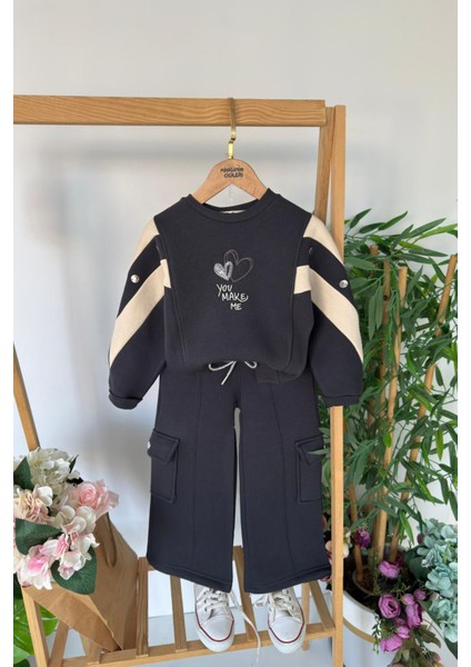 Love You Make Şeritli Kız Çocuk 2 Li kışlık takım - Antrasit fiyatları