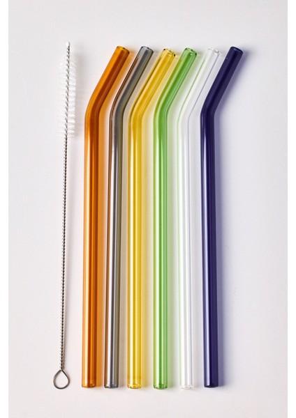 Straw 6'lı Renkli Cam Eğimli Isıya Dayanıklı (Borosilikat) Pipet ve 1 Adet Pipet Temizleme Fırçası