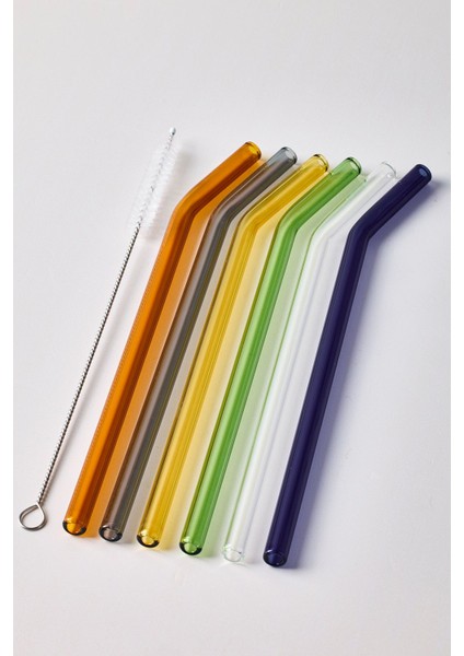 Straw 6'lı Renkli Cam Eğimli Isıya Dayanıklı (Borosilikat) Pipet ve 1 Adet Pipet Temizleme Fırçası modelleri