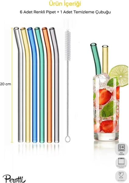 Straw 6'lı Renkli Cam Eğimli Isıya Dayanıklı (Borosilikat) Pipet ve 1 Adet Pipet Temizleme Fırçası fırsatları