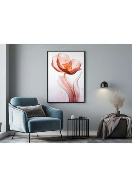 Metal Çerçeveli Gerçek Camlı Tablo, Dijital Baskı, Kırmızı Çiçek Temalı, Salon, Ofis, Oturma Odası