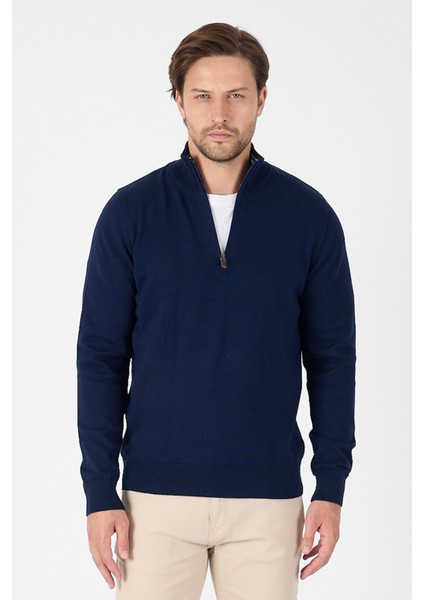 Lacivert Pamuk Yarım Fermuarlı Dik Yaka Triko Kazak