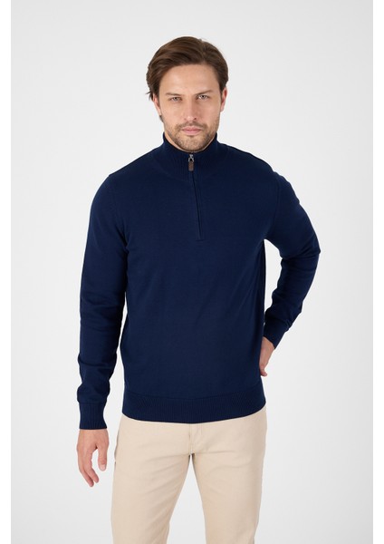 Lacivert Pamuk Yarım Fermuarlı Dik Yaka Triko Kazak modelleri