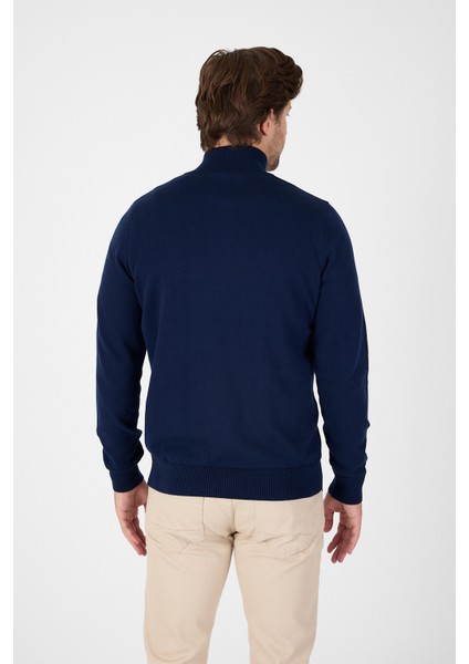 Lacivert Pamuk Yarım Fermuarlı Dik Yaka Triko Kazak indirimleri