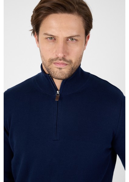 Lacivert Pamuk Yarım Fermuarlı Dik Yaka Triko Kazak