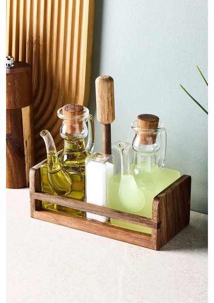 Romey 4'lü Borosilikat Cam Akasya Standlı Yağdanlık Tuzluk Biberlik Seti